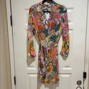 Rose & Olive sheer Floral Multicolor button up waist tie Women's Dress